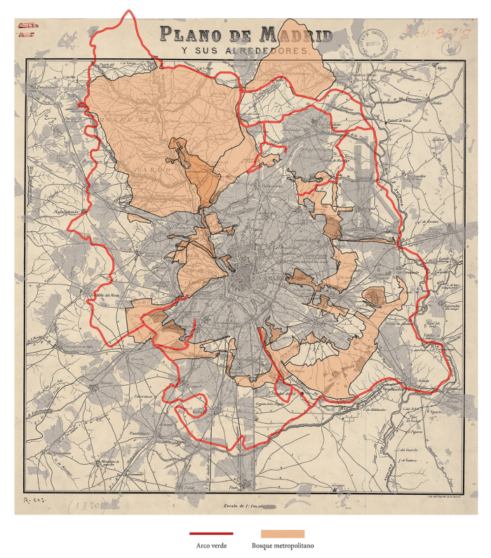 This is a superimposition of the current metropolitan area of Madrid on an old map of the city and its surroundings from 1890. This map was produced by Marina López in 2023.