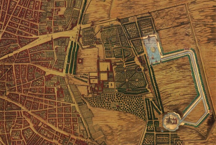 The Estanque Grande, the Río Grande and the Hermitage of San Antonio highlighted in the 1656 map of Madrid by Pedro Teixeira. Prepared by Carmen Toribio based on a Public Domain map.