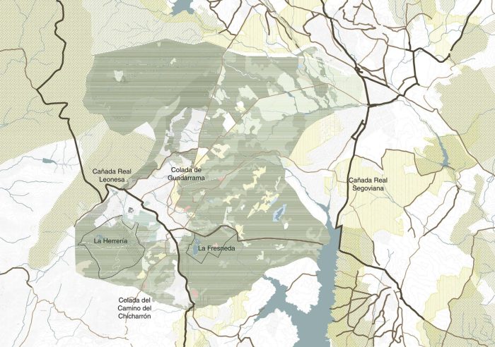 Cartography prepared by the author of the immediate surroundings of the Royal Site of San Lorenzo de El Escorial, highlighting the Protected Natural Areas, the Natura 2000 Network, the Ecological Corridors, and the Royal Cañadas.