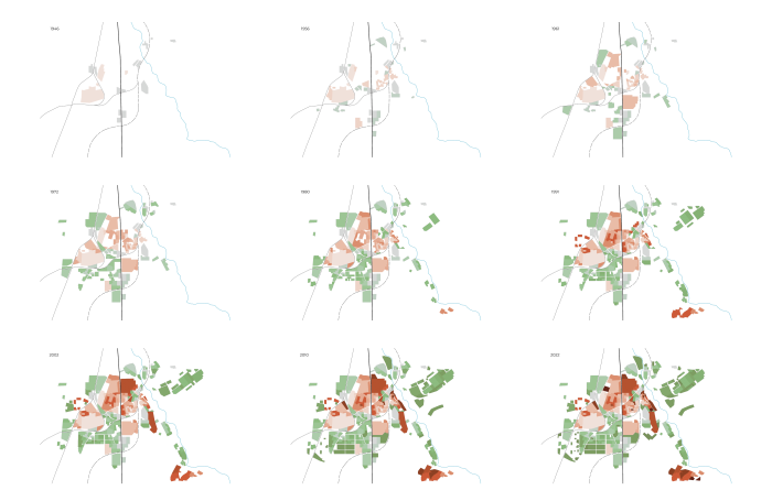 Significant industrial and urban development took place in Villaverde between 1946 and 2022. Since 1980, the area has evolved into a new, partially post-industrial landscape. The map illustrates these changes, marking industrial areas in green and urban areas in red.