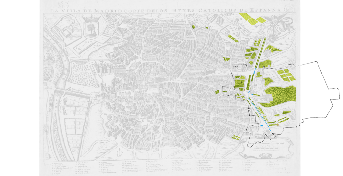 Map of the city of Madrid. Court of the Catholic Monarchs of Spain (1623), Antonio Mancelli. Travel network analysis, prepared by the authors based on historical cartography.