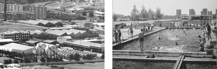 On the right is an aerial view of the BUTANO SA facilities in Villaverde. On the left is a swimming pool for workers at the BUTANO SA workers' village. These photographs are taken from the book Villaverde by Miguel Ángel García Castrillo and José María Sánchez Molledo (Madrid: Temporae Libros, 2017).