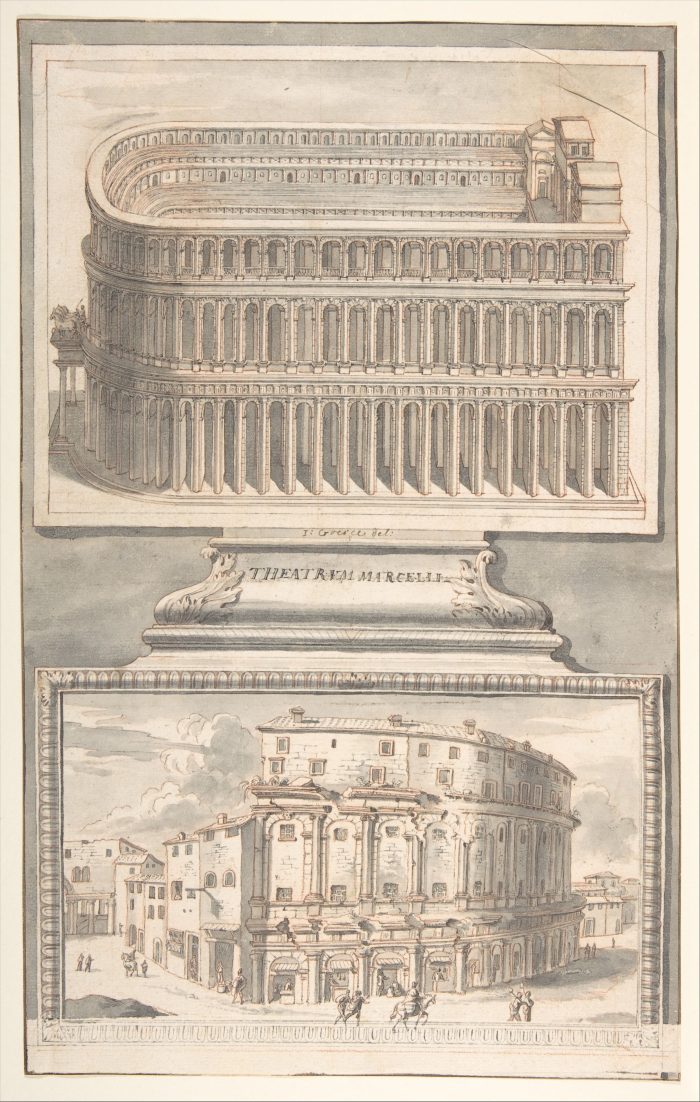 Reconstruction of the Theater of Marcellus (above) and a View of the Ruins (below). Jan Goeree, before 1704. Source: The Metropolitan Museum of Art, public domain (Collection API). Available at https://www.metmuseum.org/art/collection/search/336083 (Last accessed July 2025)