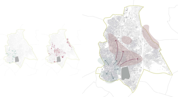Cartographies of the evolution of gardens between 1879 and 1940 and their spatial development, created by the author.