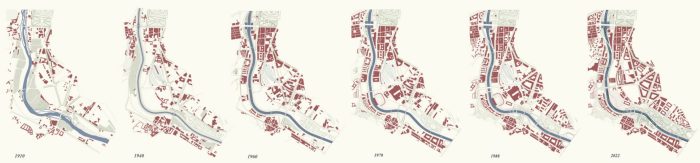 Plans showing the evolution of the river, prepared by the author.