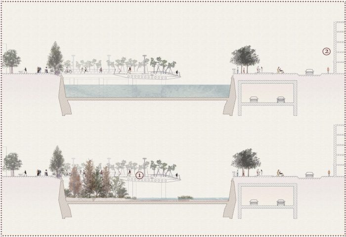 Sections through the oblique bridge, prepared by the author.