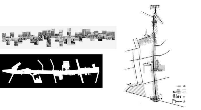 Diagram of walking space in the Rastro and drawing of territorial approaches by the author.