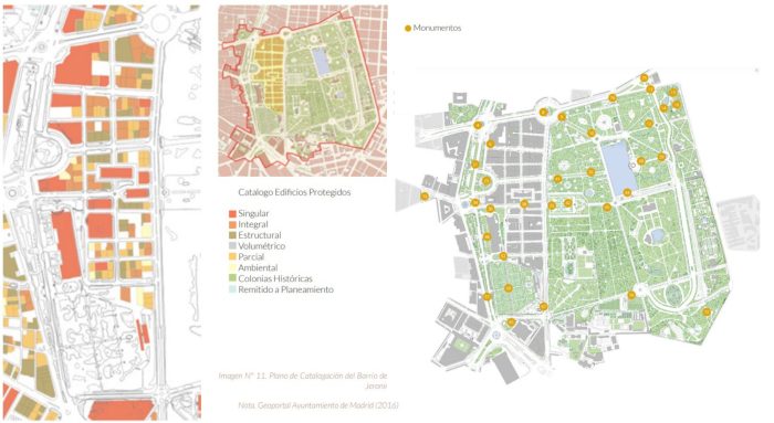 Catalogue of Protected Buildings from the Madrid City Council Geoportal and map of the main public monuments and fountains created by the author.
