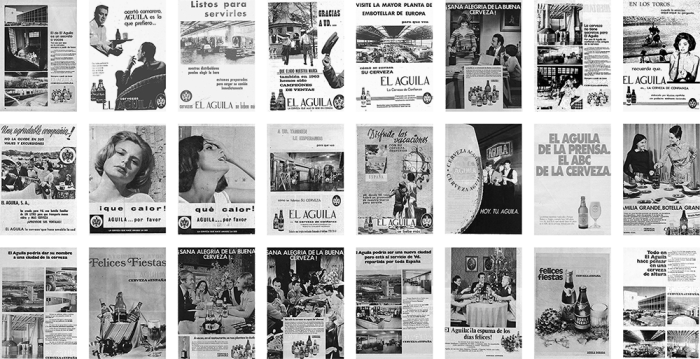 Matrix of historical advertising posters for El Águila beer. It is interesting to note how, initially, the product's advertising implicitly included communications about the spaces and processes of its production.