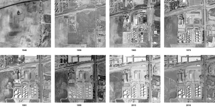 Sequence of historical and recent orthophotographs (1946-2016) of the former El Águila brewery in Villaverde. It is interesting to note the numerous urban and infrastructural transformations that have taken place in the immediate vicinity of the building, in parallel to the cultivation process of the surrounding lands.