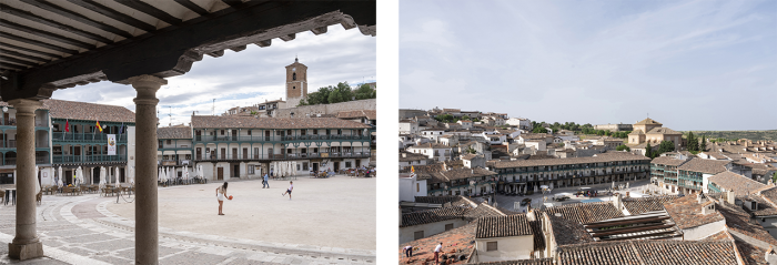 Photographs of Chinchón. Left: Arcaded Plaza Mayor, balconies and children playing. Right: General view taken from Calle de la Iglesia. Author: Juan Baraja for Misión Región, 2022.