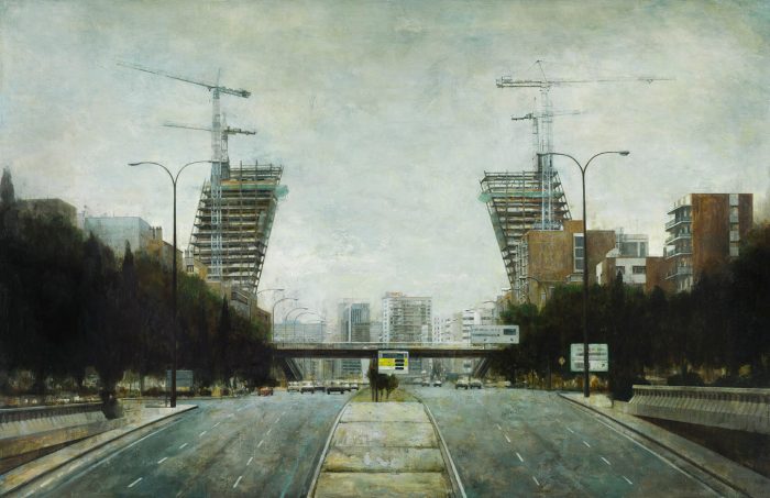 Puerta de Europa. Acrylic on paper mounted on board. Author: José Manuel Ballester, 1992.
