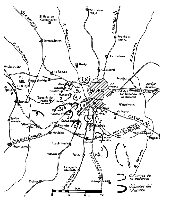 The Systems of Forces Present on the Outskirts of the Capital on the Night of 6 November (Source: Vicente Rojo, Así fue la defensa de Madrid, 1967)