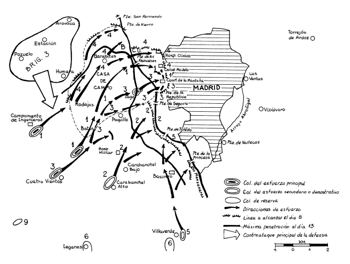 Graphic Outline of the Plan of Attack on Madrid (Source: Vicente Rojo, Así fue la defensa de Madrid, 1967)